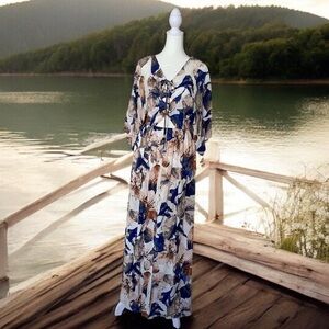 Lulu's Floral Pale Pink & Cool Blue Kimono Sleeve Cutout Maxi Dress Size Medium